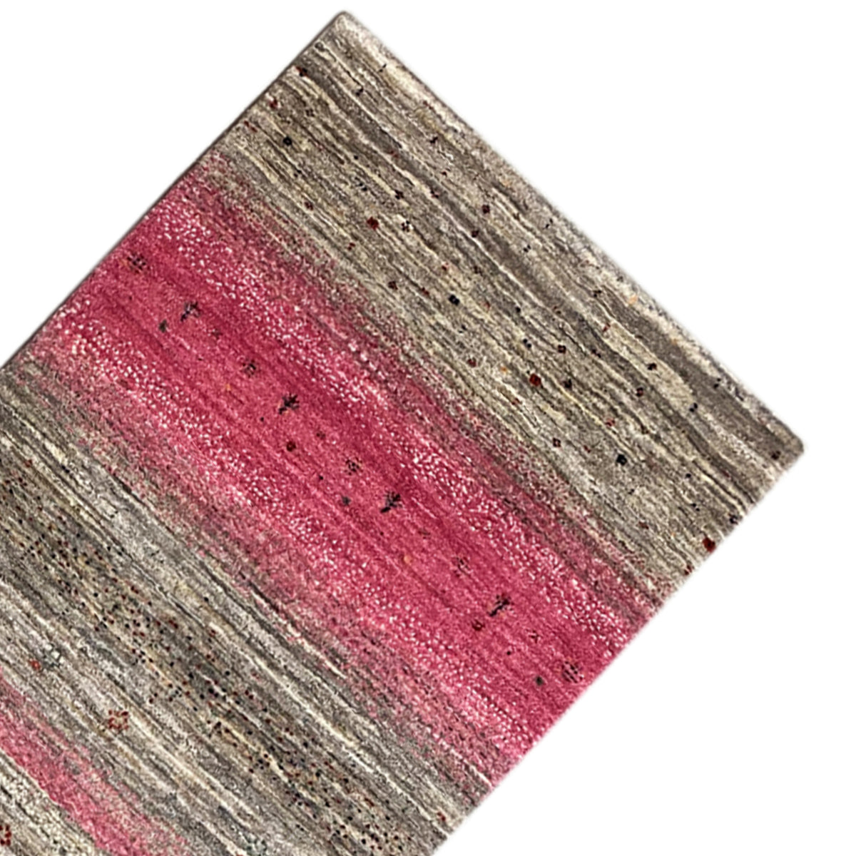 Gabbeh runner rug corner in detail, stripes in gray and pink with dark dots.
