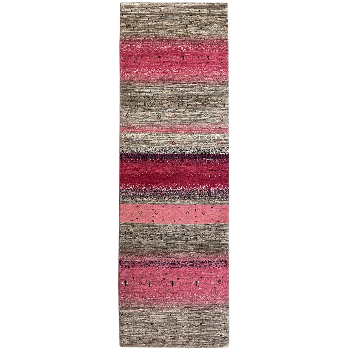 Gabbeh runner rug with wide pink and gray stripes, textured surface.