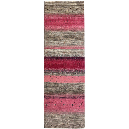 Gabbeh runner rug with wide pink and gray stripes, textured surface.
