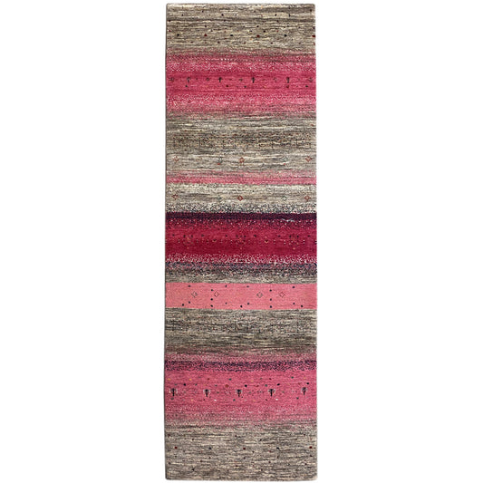 Gabbeh runner rug with wide pink and gray stripes, textured surface.