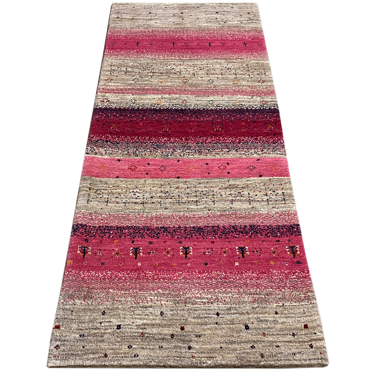 Gabbeh runner rug 200x79 cm, mix of stripes in pink, dark red and beige