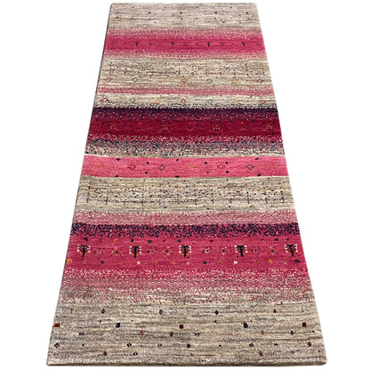 Gabbeh runner rug 200x79 cm, mix of stripes in pink, dark red and beige