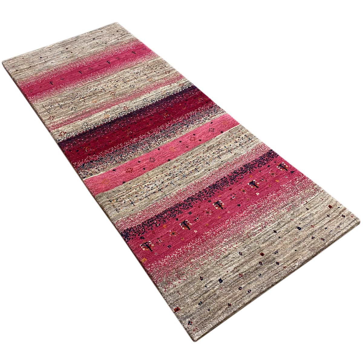 Gabbeh runner rug 200x79 cm, diagonally twisted, stripes in pink and beige