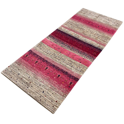 Gabbeh rug runner 200x79 cm, angled, with beige and Bordeaux stripes