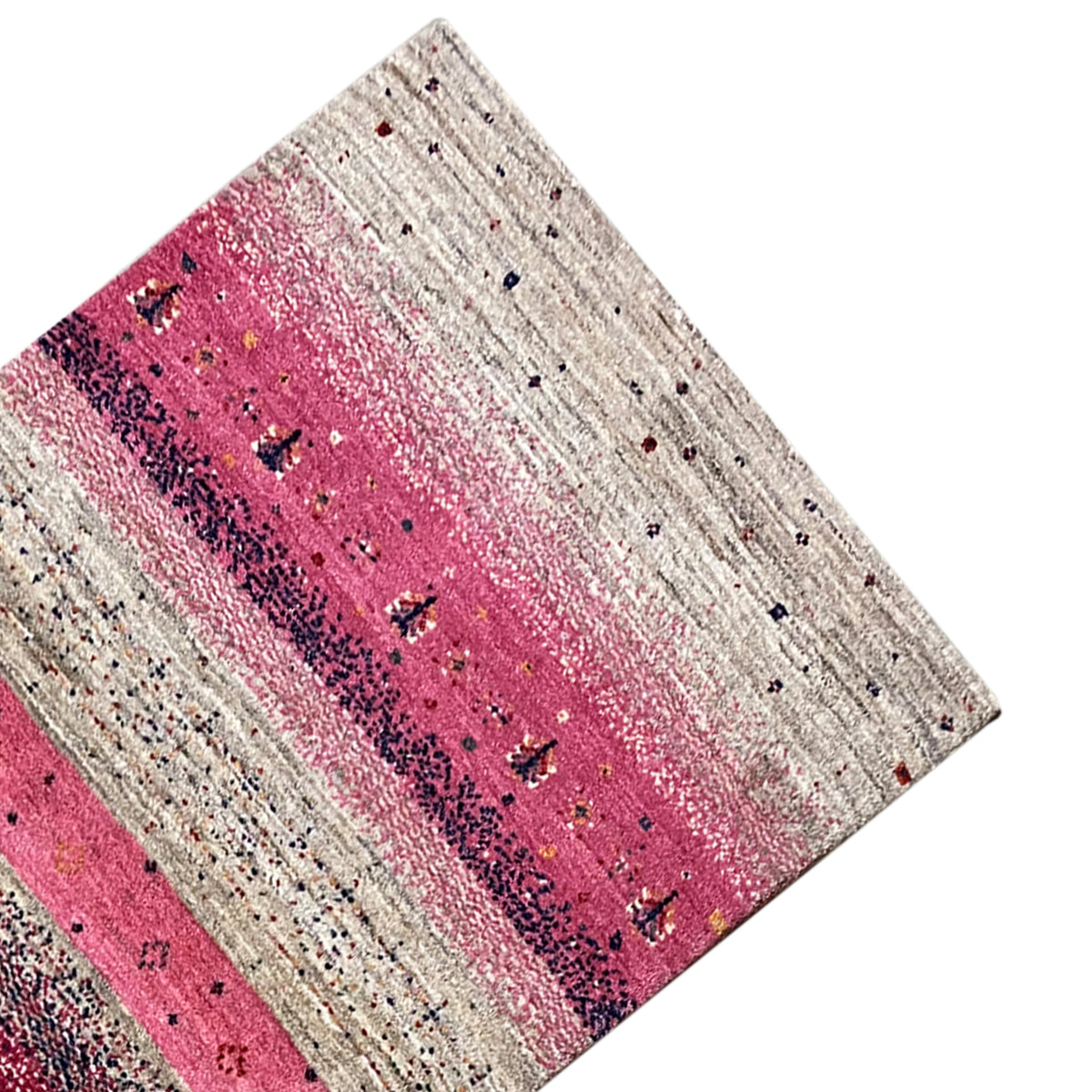 Gabbeh runner rug 200x79 cm, side view, stripes with a sheen in pink and beige