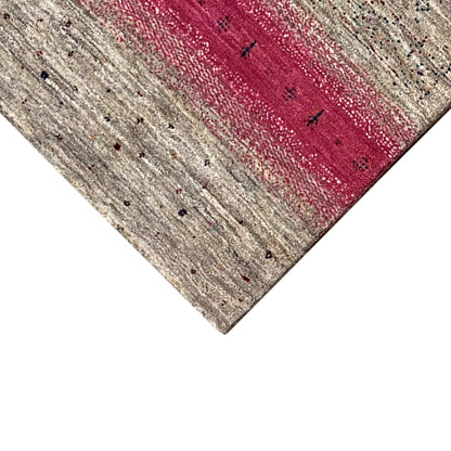 Gabbeh rug runner corner, striped pattern in beige and vibrant pink