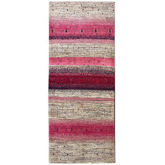 Gabbeh runner rug 200x79 cm with stripes in pink, Bordeaux and beige