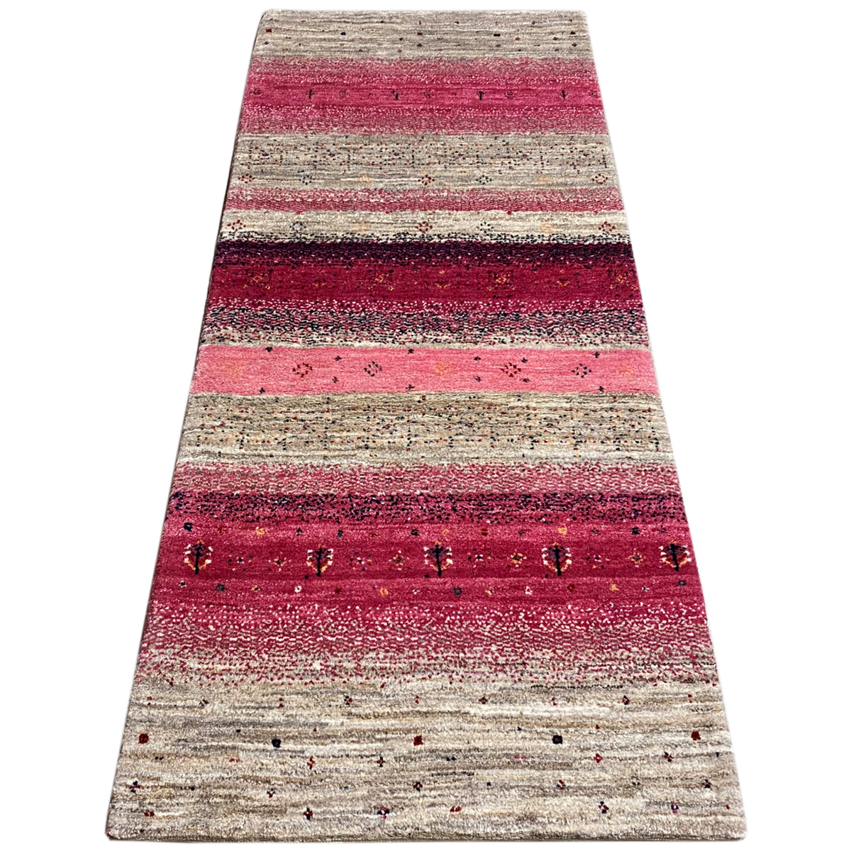 Landscape gabbeh rug runner with red and beige stripes, visible patterns