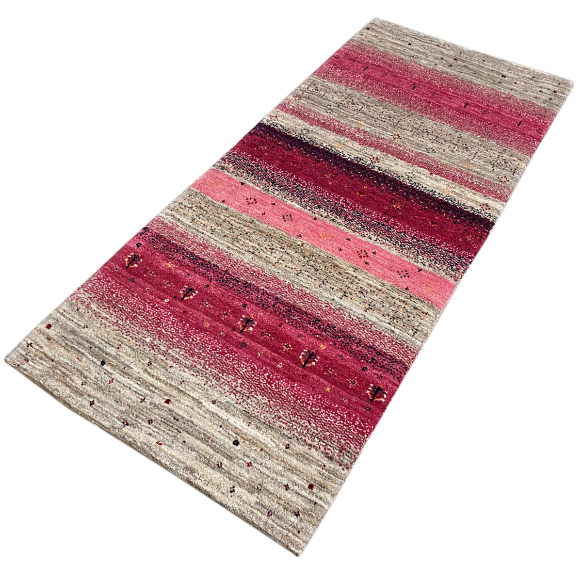 Gabbeh rug runner, three-quarter view, striped design in pink and beige
