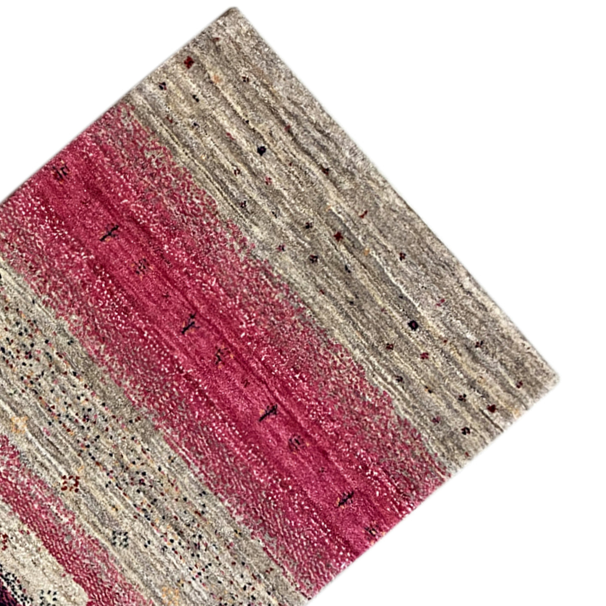 Gabbeh rug runner detail: striped pattern in beige, red, and dark dots