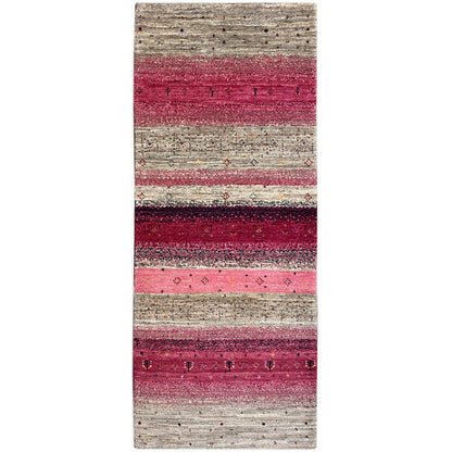 Gabbeh rug runner with red/pink and beige stripes, handwoven texture