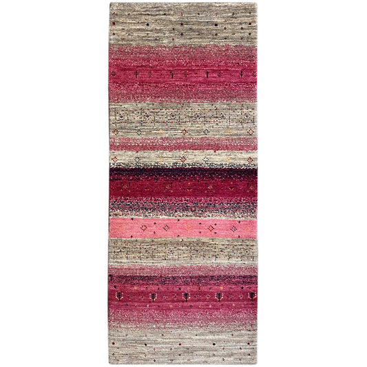 Gabbeh rug runner with red/pink and beige stripes, handwoven texture