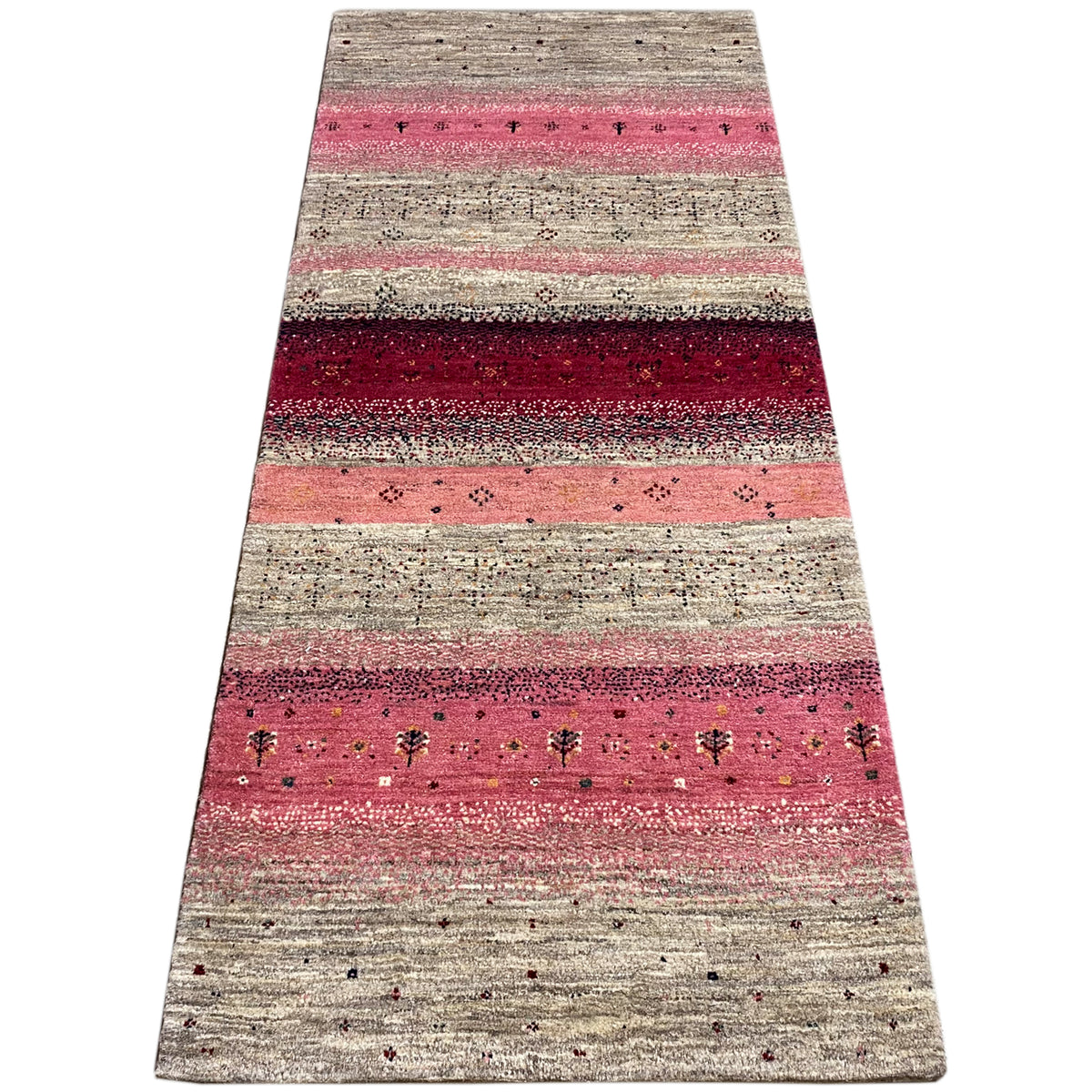 Narrow Gabbeh runner with wide beige and pink stripes and dark dots