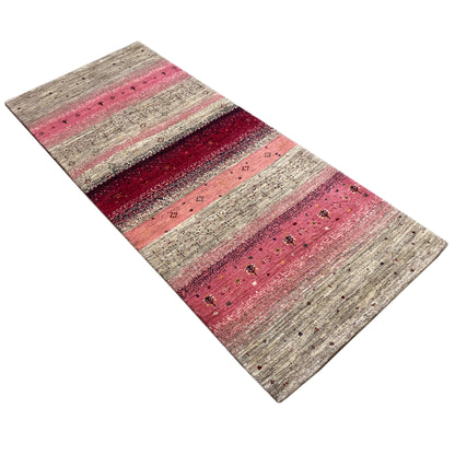 Gabbeh runner rug diagonal: Stripes in beige, pink and burgundy with shimmering effects
