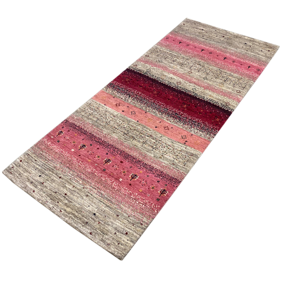 Narrow striped Gabbeh runner rug in pink and beige with dark ornamental dots