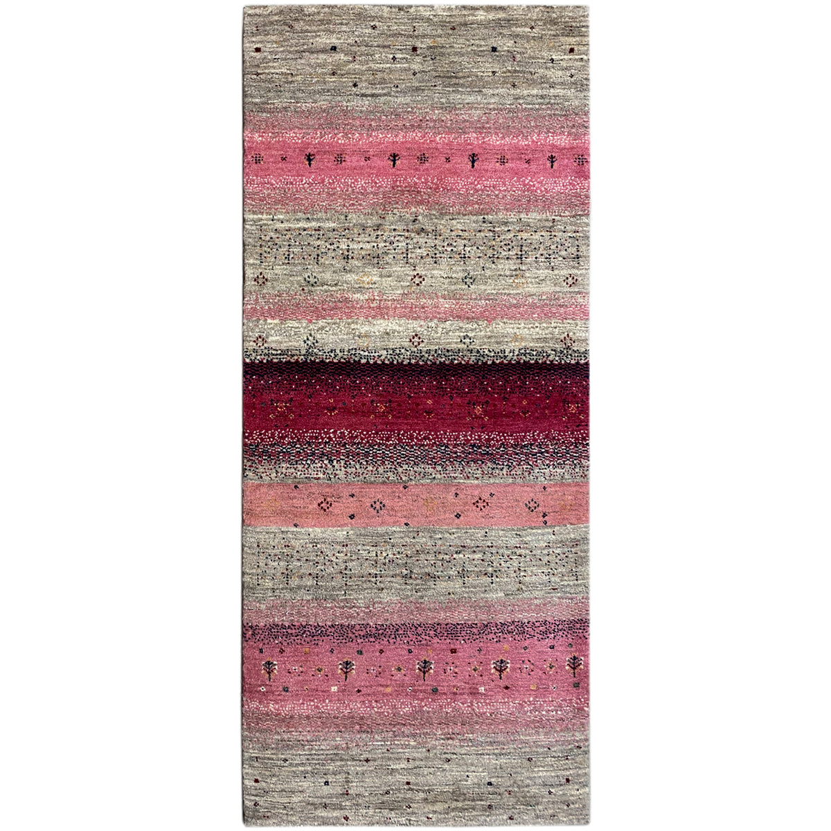 Gabbeh runner with a striped pattern in pink, berry, and beige, fine dots