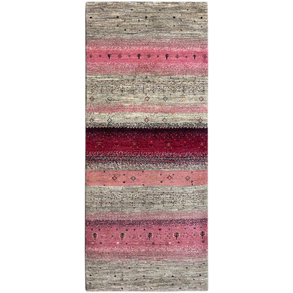 Gabbeh runner with a striped pattern in pink, berry, and beige, fine dots