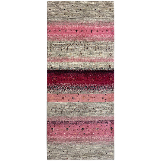 Gabbeh runner with a striped pattern in pink, berry, and beige, fine dots