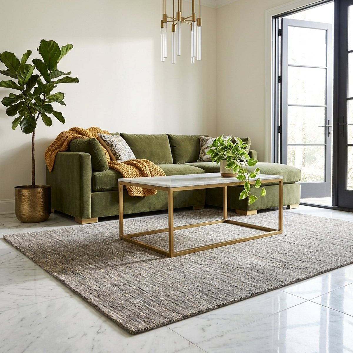 Gabbeh rug, mottled in gray and beige, with a dense short-pile surface.