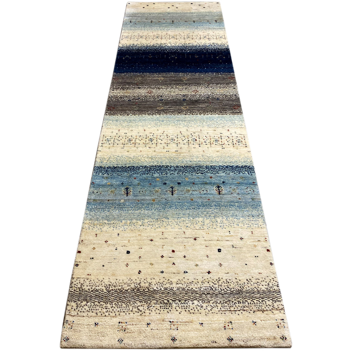 Long Gabbeh runner rug with horizontal stripes in beige, light blue and dark blue