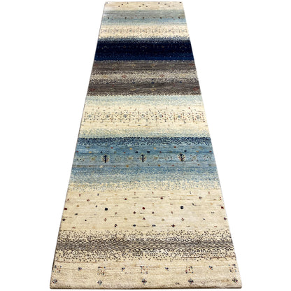 Long Gabbeh runner rug with horizontal stripes in beige, light blue and dark blue