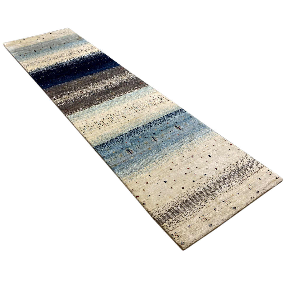 Gabbeh runner rug diagonal: light stripes in beige, blue, and dark blue