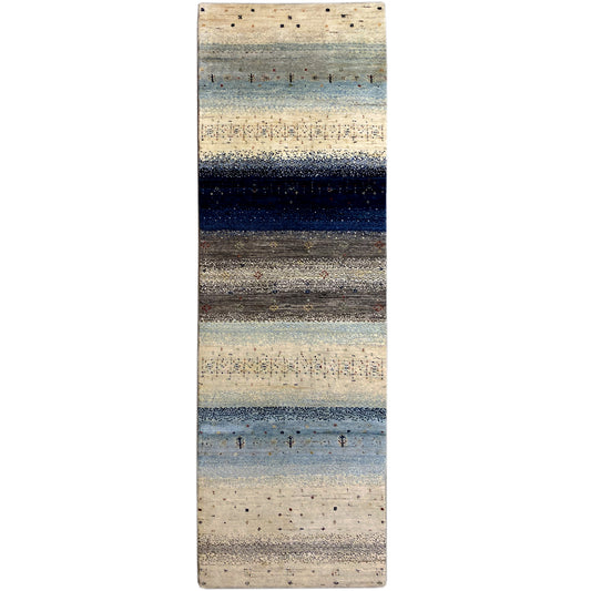 Gabbeh runner rug with a striped pattern in beige, blue, and dark blue