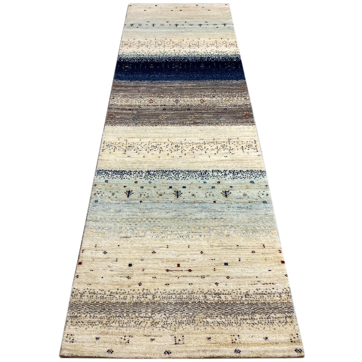 Gabbeh rug runner, beige with light blue areas, a dark blue stripe and patterned dots