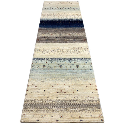 Gabbeh rug runner, beige with light blue areas, a dark blue stripe and patterned dots