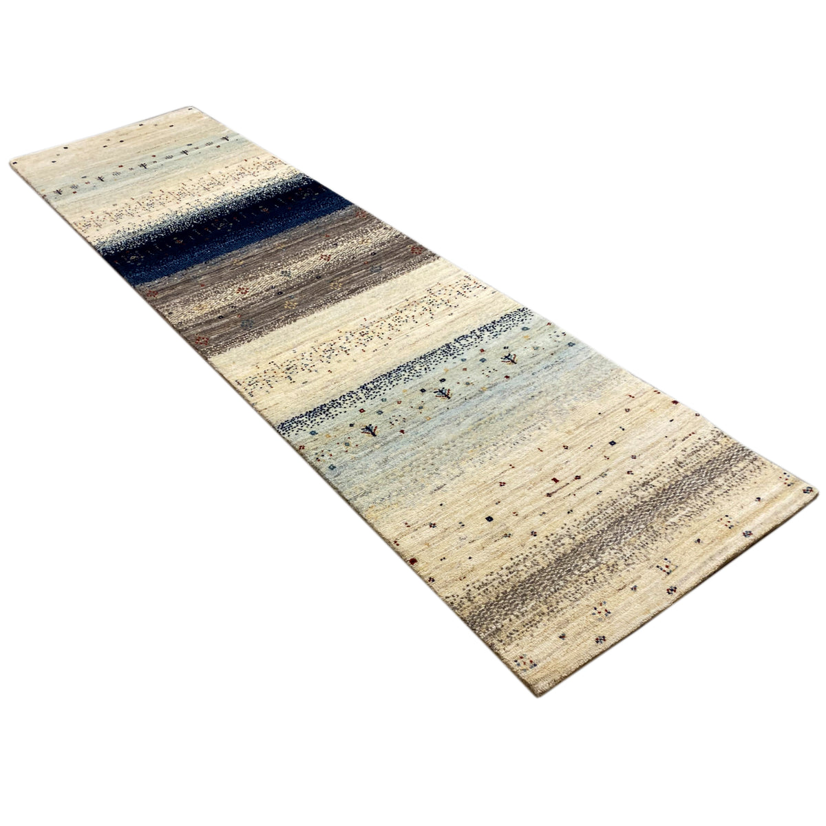 Gabbeh runner rug, laid diagonally: beige-brown with light blue areas and a dark blue stripe