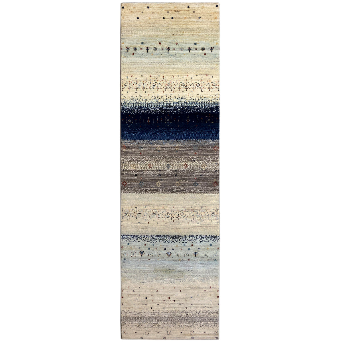 Gabbeh runner rug, cream-colored with a dark blue stripe and colorful dots