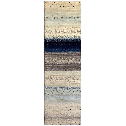 Gabbeh runner rug, cream-colored with a dark blue stripe and colorful dots