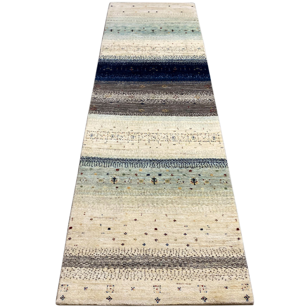 Gabbeh rug runner, cream with blue and gray horizontal stripes and small patterns