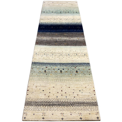 Gabbeh rug runner, cream with blue and gray horizontal stripes and small patterns