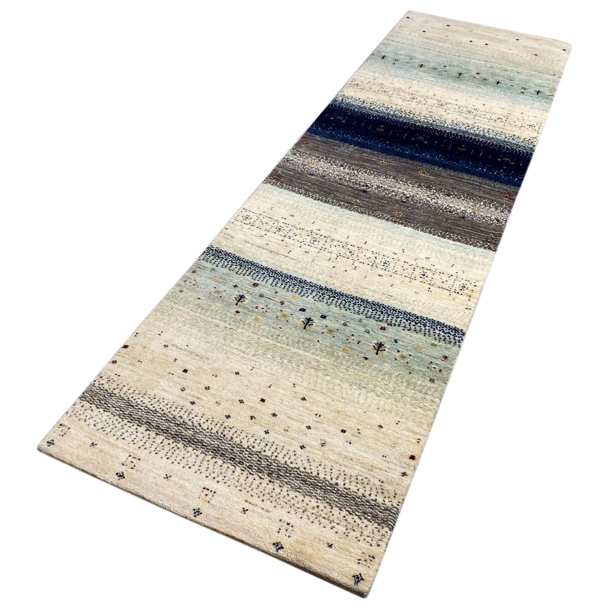 Long Gabbeh rug runner, light base with bands in blue, gray, and dark blue
