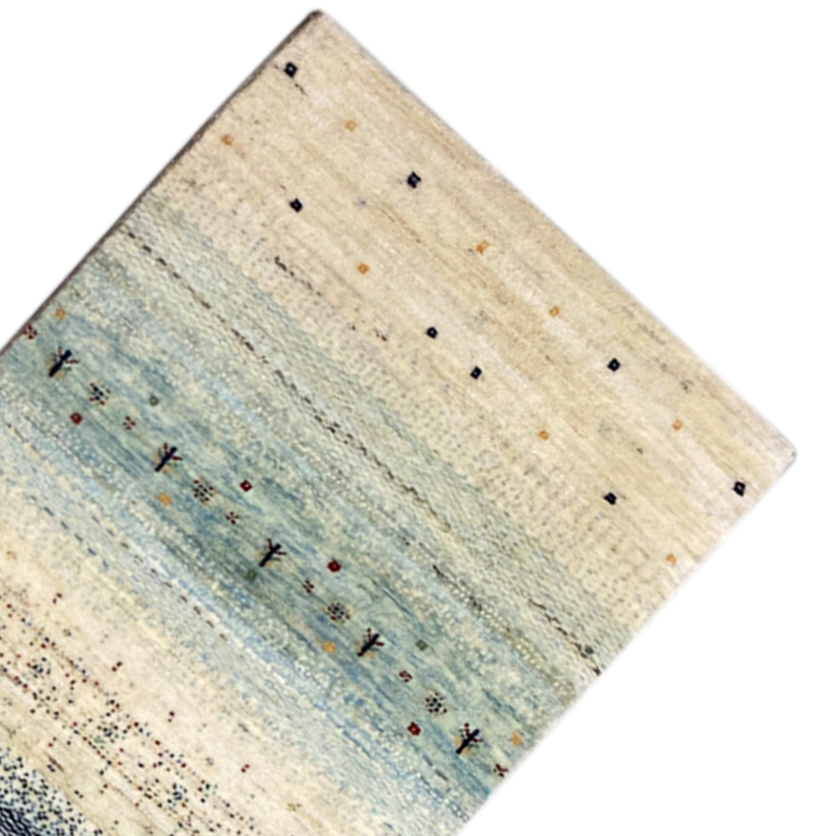 Gabbeh runner rug corner view, cream and blue in a striped texture with mini motifs