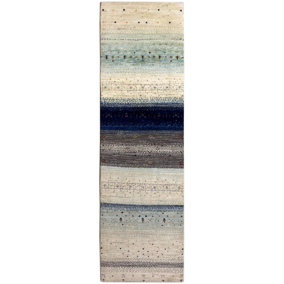 Gabbeh runner rug with wide stripes in cream, blue, and anthracite, 297×84 cm