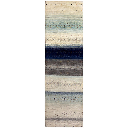 Gabbeh runner rug with wide stripes in cream, blue, and anthracite, 297×84 cm