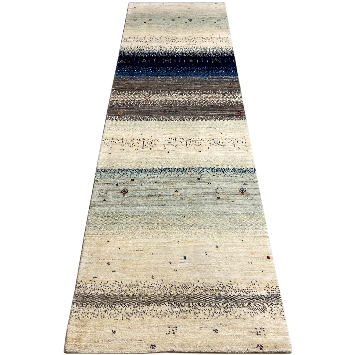 Gabbeh runner rug in beige with wide blue and anthracite bands, pattern