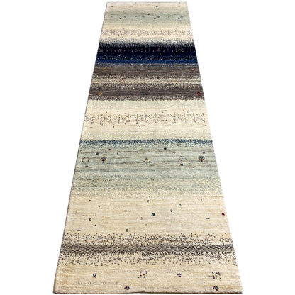 Gabbeh runner rug in beige with wide blue and anthracite bands, pattern