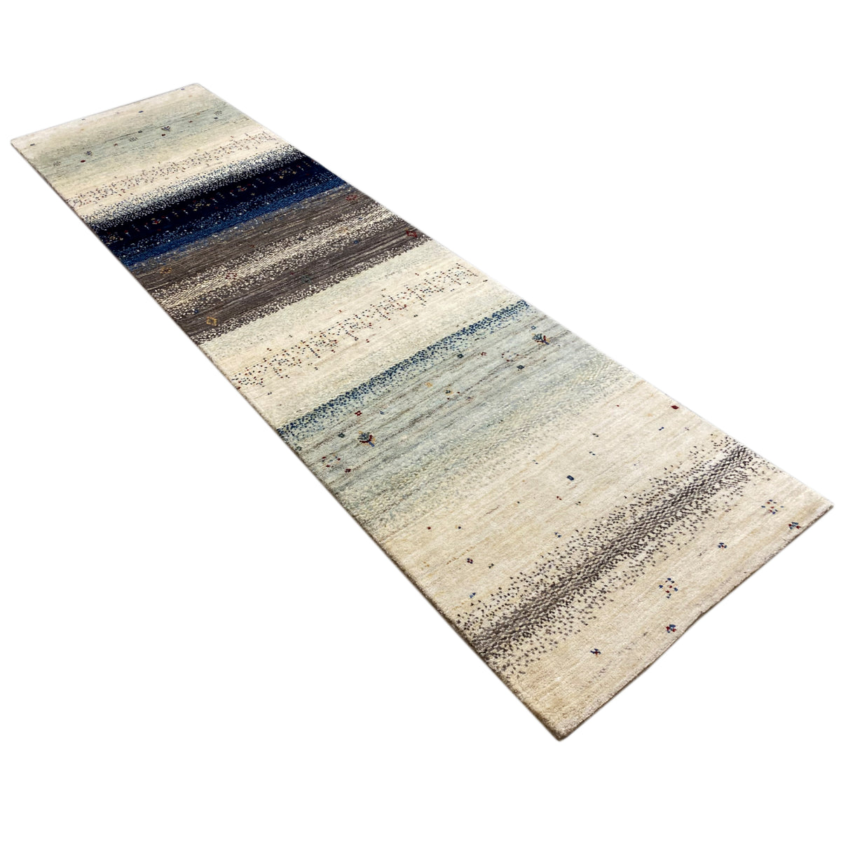 Gabbeh rug runner rolled out diagonally, beige design with blue and dark stripes