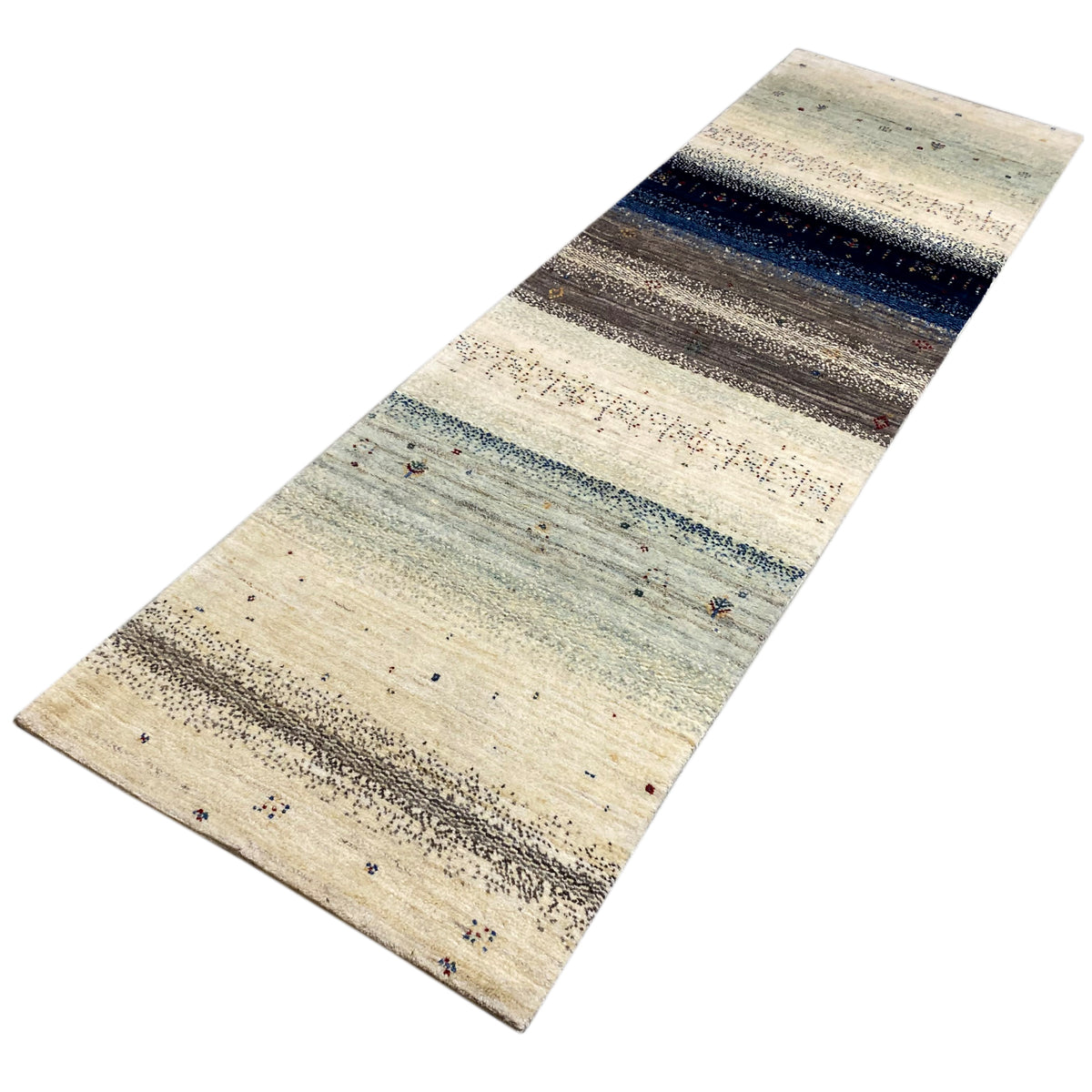 Gabbeh runner rug, narrow, light beige surface with dark and blue stripes