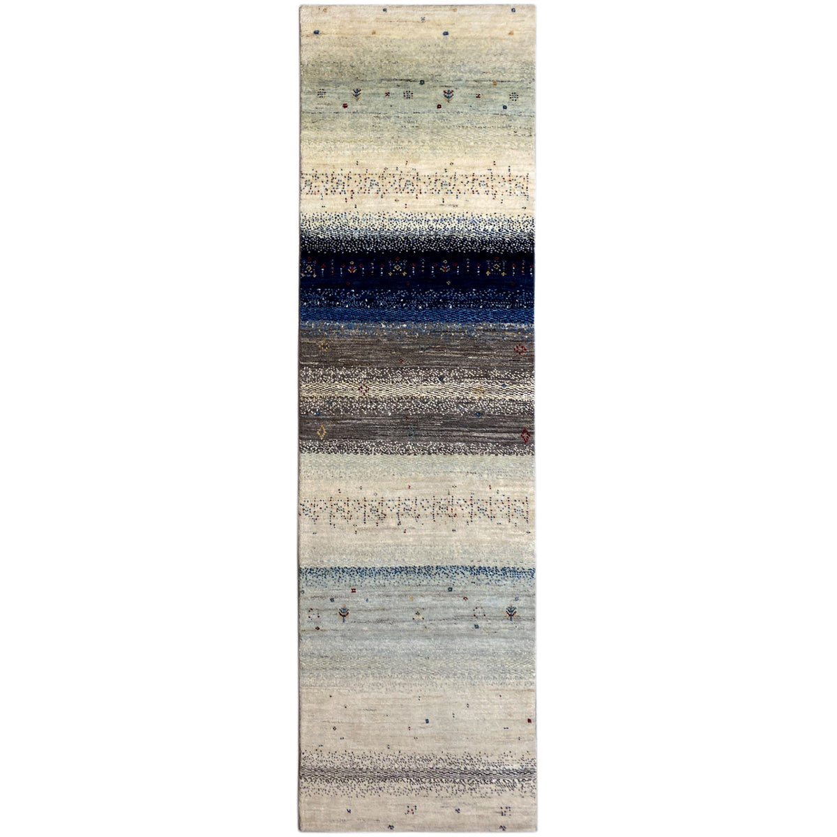 Gabbeh runner rug with beige and blue stripes and a delicate abstract pattern