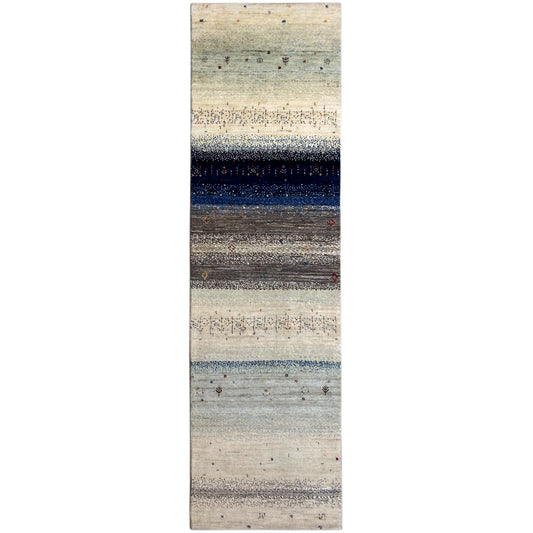 Gabbeh runner rug with beige and blue stripes and a delicate abstract pattern