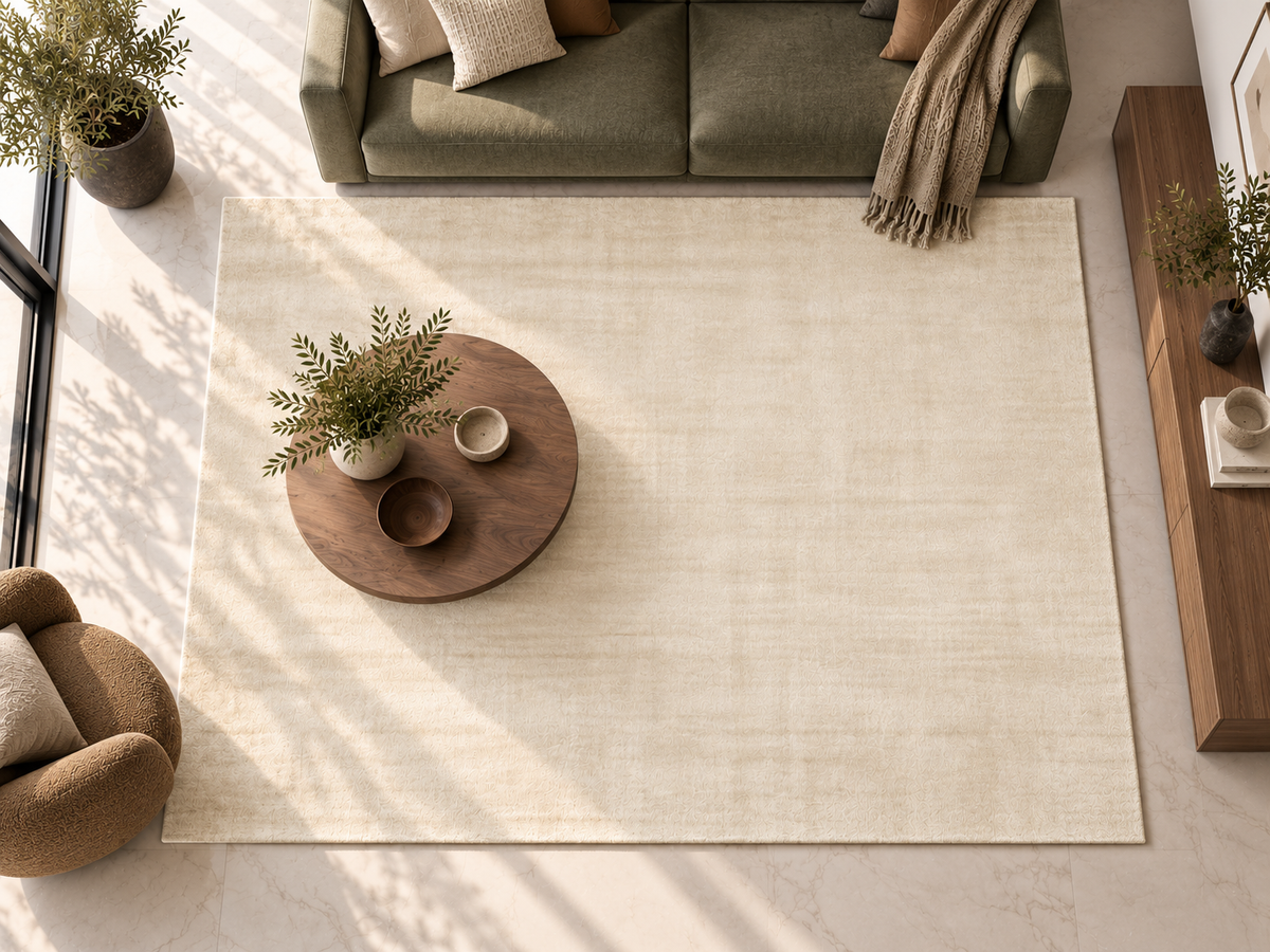 Gabbeh Loom Luri rug in a modern, bright living room with a cream-colored sofa and coffee table