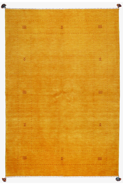 Ochre Gabbeh rug with a subtle decorative border and small geometric motifs, front view