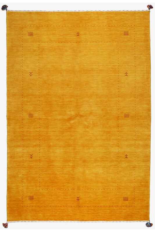 Ochre Gabbeh rug with a subtle decorative border and small geometric motifs, front view