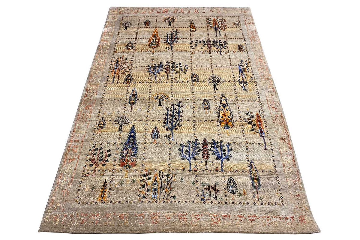 Rectangular Oriental rug, beige field with blue and yellow-orange motifs