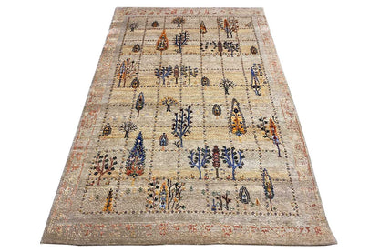 Rectangular Oriental rug, beige field with blue and yellow-orange motifs