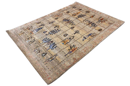 Beige oriental rug with a blue ornamental pattern and fine decorative lines